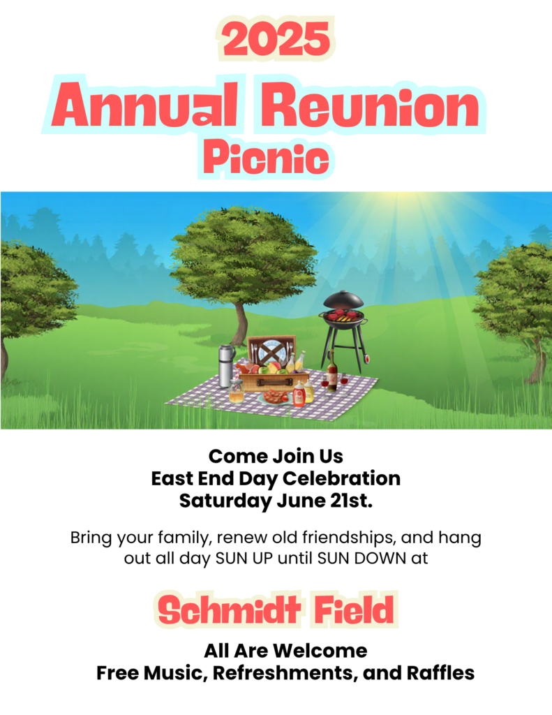 2025 Annual East End Day Celebration Annual Picnic flyer depicts a picnic blanket under a tree. The ground is green, the sky is blue, the sun is shining.